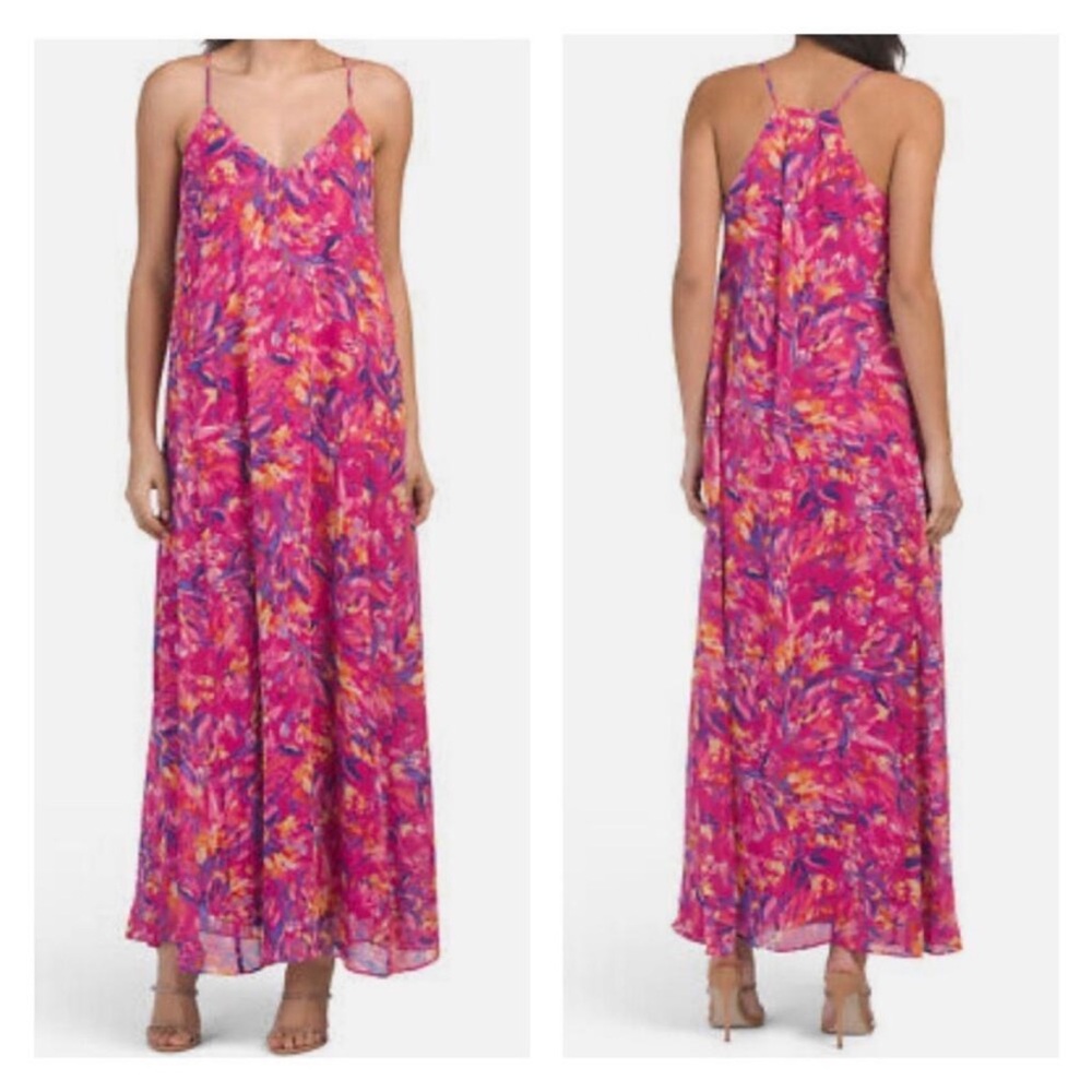 Nicole Miller Floral Satin Racerback Maxi Dress Like New Large